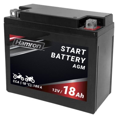 Ett svart Hamron MC-batteri visar specifikationerna 12V, 18Ah och 180A CCA på etiketten. Framsidan har ikoner av en motorcykel och en scooter.