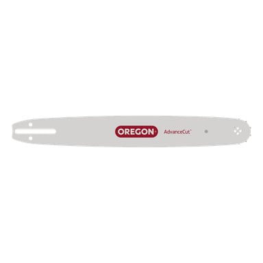 En grå Oregon Saw-stav märkt 188PXBK095 visar orden "OREGON" och "AdvanceCut" i rött. Vänster sida har en springa för fästning, medan höger ände är markerad med flera små hål.
