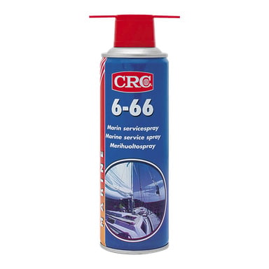 En blå aerosolburk märkt "Marine spray" av CRC, med ett rött munstycke, en bild av en segelbåt och text som beskriver dess syfte för marinunderhåll.