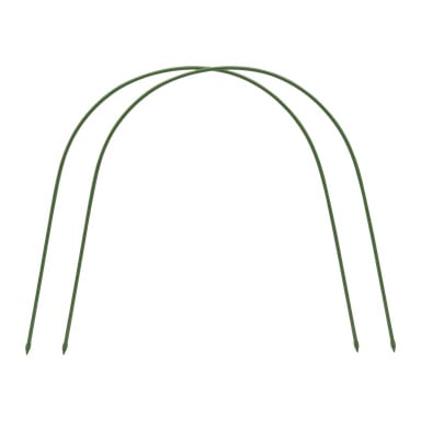 Ett par gröna, böjbara stavar från Hard Head Frame för Non-woven Fabric 2 Pack böjer och korsar varandra upptill, och bildar en båge med sex spetsiga spetsar som sträcker sig nedåt. Denna enkla ram är lämplig för att stödja växter eller skapa en trädgårdstunnel.