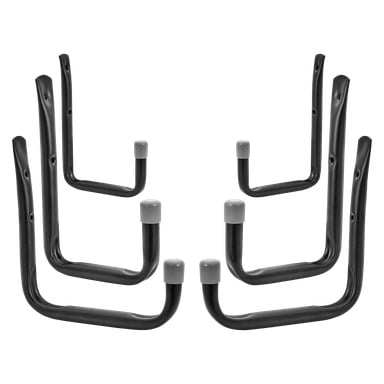 Sześć haczyków Hard Head Tool, wyposażonych w konstrukcję z czarnego metalu i szare gumowe końcówki, pokazano w dwóch lustrzanych zestawach po trzy. Te sześć elementów przeznaczonych jest do montażu i organizowania na ścianach.