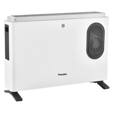 En vit, rektangulär Anslut Convector-värmare med svarta sidohandtag och en ventil på höger sida. Den har två svarta fötter för stöd, en rökförbudssymbol på framsidan och Anslut-varumärket nära mitten längst ner.