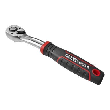 Et nærbilde av et Meec Tools Ratchet-håndtak med svart og rødt gummigrep og et polert metallhode.