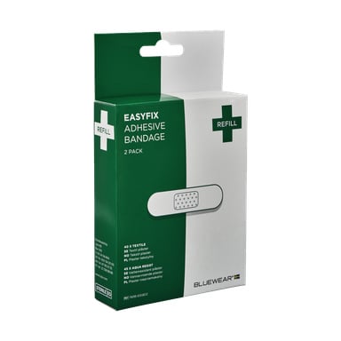 Zielono-białe pudełko z napisem Plasters Easyfix 85 pieces, ilustracją bandaża na froncie oraz napisem REFILL. Logo marki Bluewear pojawia się w prawym dolnym rogu.