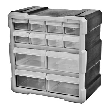 Hard Head Assortment Cabinet är en svart- och grå plastorganisatör med tolv genomskinliga lådor i olika storlekar, organiserade i tre övre rader med små lådor och två nedre rader med större lådor.