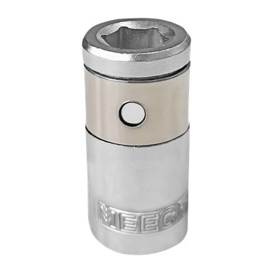 En sylindrisk bit-pipe laget av Meec Tools, med en sekskantformet åpning, et sidehull og "MEECE" inngravert nær basen. Verktøyet har en polert, reflekterende metalloverflate.