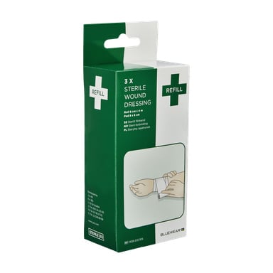 Zielono-białe pudełko Bluewear Pressure Bandage przedstawia ilustrację rąk owijających bandaż. Pudełko stoi pionowo z wiszącą zakładką i wyświetla informacje o rozmiarze oraz produkcie.