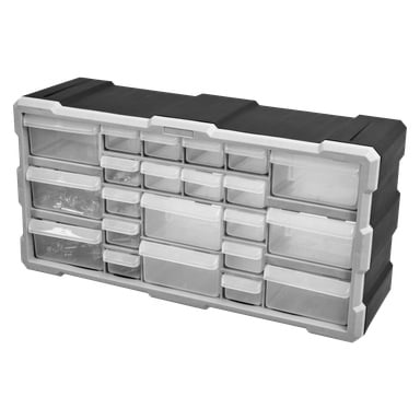 Ett Hard Head Assortment Cabinet med 22 lådor, med en rektangulär grå ram accentuerad med vita kanter. Den erbjuder 20 kompakta och 2 större lådor med genomskinlig framsida, designade för att organisera beslag eller olika småsaker.