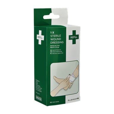 Zielono-białe pudełko z napisem Pressure bandage oraz ilustracją ręki owijającej bandaż wokół kostki. Szczegóły produktu oraz logo Bluewear znajdują się w prawym dolnym rogu.