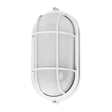 En Anslut Bulkhead-armatur med oval form, räfflad glaskåpa och ett stadigt vitt metallgaller.