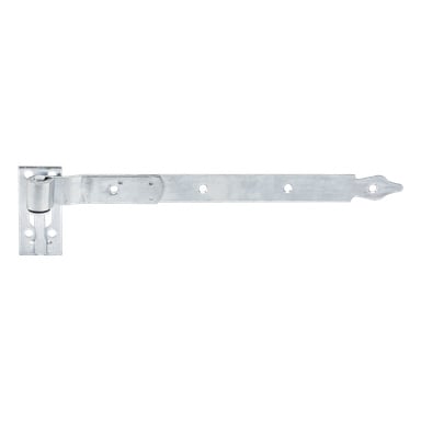 Pokazano dwuopak zawiasów Hard Head Strap, każdy wykonany z metalu, z lewą prostokątną płytką montażową zawierającą trzy okrągłe otwory do montażu oraz zwężającym się końcem po prawej, odpowiedniej do zabezpieczania drzwi, bram lub szafek.
