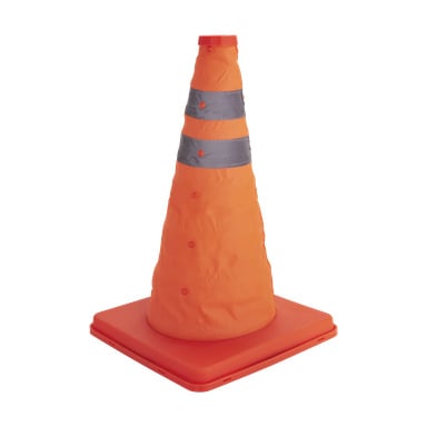 En Hamron Traffic-kjegle med en oransje sammenleggbar kropp og to reflekterende grå striper står oppreist på en flat, firkantet oransje base.
