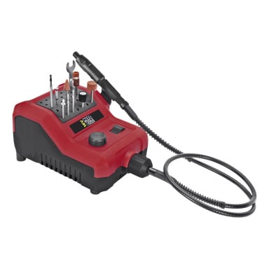 Meec Tools Multiseries Multi-tool 33 bitar har ett rött och svart roterande verktygskit med tillbehör som borr, slipstenar och en flexibel axel.
