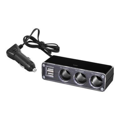 Hamron grenuttag är ett elegant svart biltillbehör utrustat med ett 12V-uttag, som erbjuder tre likströmuttag och två USB-portar. Den inkluderar en integrerad svart kabel för enkel användning inomhus i fordon.