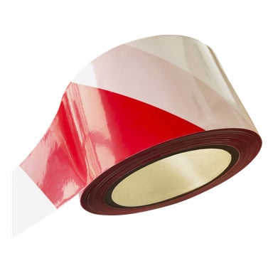 En delvis utrullet rull med Hamron Barrier-tape viser et skinnende rødt og hvitt diagonalt stripemønster.