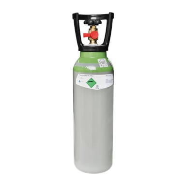 En grå Strandmöllen Argonmix gasflaska med grön etikett och svart handtag ovanpå, utrustad med tryckventil och rött ratt. Etiketten anger att den innehåller en blandning av argon och koldioxidgaser.