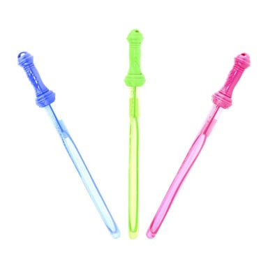Trzy miecze Robetoys Soap Bubble Swords w kolorach niebieskim, zielonym i różowym stoją pionowo. Każdy ma długą rączkę z zaokrąglonym końcówką i wąską rurkę do roztworu bąbelkowego.