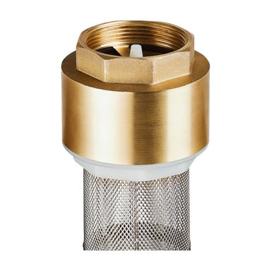 Gelia bunn/tilbakeslagsventil med messingkropp, gjenget toppkontakt og et sylindrisk metallnettfilter i bunnen.