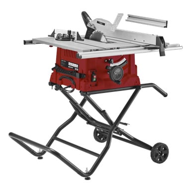 Meec Tools bordsåg med hjul har en röd och svart färgskala, en silverfärgad arbetsyta, ett hopfällbart ställ med två hjul, justeringsrattar och mätguider.