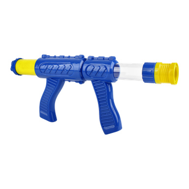 Niebiesko-żółta pistolet Kayoba Foam Ball Gun z dwoma uchwytami i przezroczystą lufą.