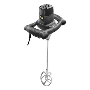 En svart og grå elektrisk Meec Tools malings- og sementblander med to gripehåndtak, en synlig strømkabel og en utvidet metallaksel som endte i en blandingspadle.