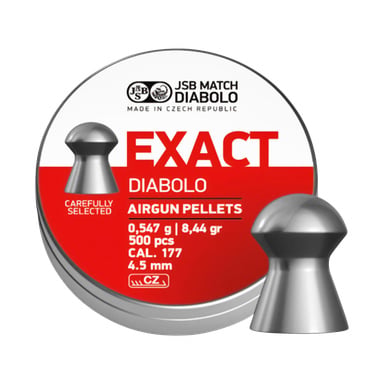 JSB Exact śruty do wiatrówek, pakiet 500, każdy ważący 0,547g (8,44gr), kaliber .177 (4,5mm), zapakowane w okrągłą puszkę z logo JSB i zdjęciem śrutów. Obok puszki znajdują się dwa granulki, z których jeden leży osobno obok.
