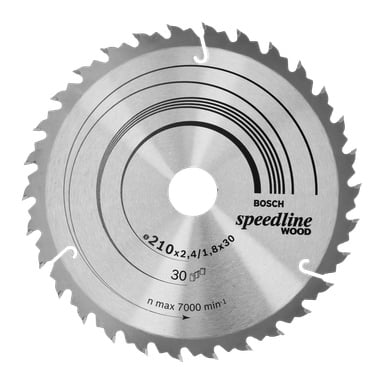 Bosch Pro Saw -terä: Speedline Wood -terässä on pyöreä metallirakenne, terävät hampaat, Speedline-puu ja tuotetiedot, mittamerkinnät sekä keskellä oleva reikä sahaan kiinnittämistä varten.