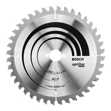 Et Bosch Pro Optiline tresagblad, laget for å kutte tre, har 40 tenner og spesifikasjonene er oppgitt som 250 x 3,2 x 30 mm med en maksimal hastighet på 6000 min⁻¹; bladet viser en metallisk overflate med svart merking og flere konsentriske ringer.