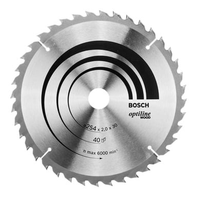 Bosch Pro -sahaterä, jossa on Optiline Woodia, 254 mm, 40 hammasta ja maksimissaan 6000 rpm painettuna. Terä on suunniteltu puunleikkausta varten.