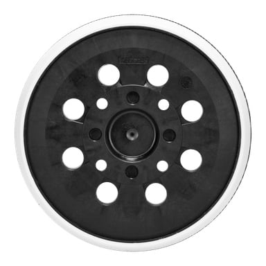 En svart Bosch-stödplatta med cirkulär plastform, flera hål, en central nav och en framträdande vit ytterkant syns uppifrån.