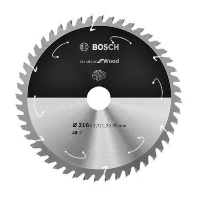 Bosch Pro Saw -terä, joka on merkitty Standard for Wood, ja siinä on 216 x 1,7/1,2 x 30 mm ja 48 hammasta, suunnan nuolilla ja keskellä tukkisymboli.