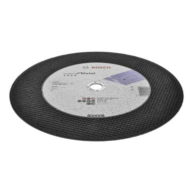 En cirkulär Bosch Pro Cutting Disc Expert för metall med en svart texturerad ytterkant, en central vit etikett med olika tekniska detaljer och säkerhetssymboler, samt ett litet hål i mitten.