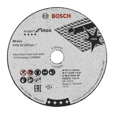 Ett 5-pack Bosch Pro Cutting Disc Expert för Inox visas, med detaljer som maxhastighet 80 m/s, 20100 varv/min och skivdimensioner på 76 x 1 x 10 mm. Säkerhetsikoner och produktinformation syns på förpackningen, vilket indikerar lämplighet för rostfritt stål och tillverkning i Thailand.