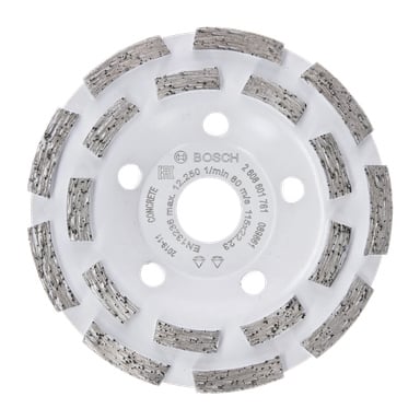 En Bosch Pro Diamond slipskiva Pro Concrete med vit metallkropp och grå slipsegment, designad för betongapplikationer.