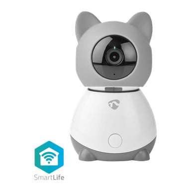 Et Nedis IP-kamera SmartLife, med et katteformet grått og hvitt design med et stort objektiv i hodet, er avbildet. SmartLife-logoen og teksten vises nederst til venstre i bildet.
