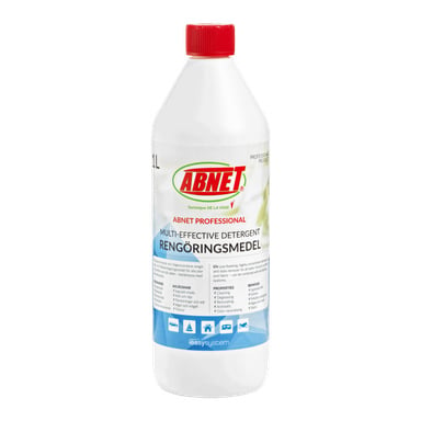 1 litran valkoinen muovipullo Abnet Detergent Professional -tuotetta, jossa on punainen korkki ja etiketti, jossa on tuotetiedot, käyttöohjeet ja siniset design-yksityiskohdat.
