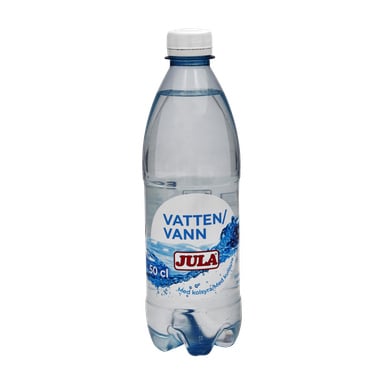 En klar plastflaska 50 cl Jula kolsyrat vatten med vit kapsyl och en blå etikett med produktinformation.
