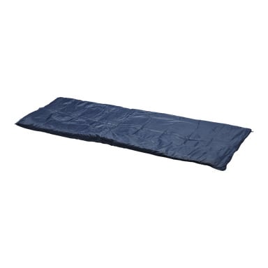 Ciemnoniebieski, prostokątny patchwork Kayoba Sleeping Quilt jest rozłożony płasko. Jest rozpięta i pusta, ukazując pikowane przeszycia i gładką tkaninę.