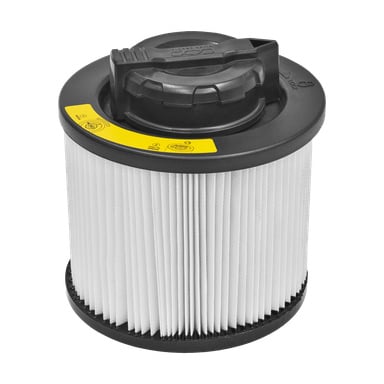 Ett DeWalt DXVC-4001 cylindriskt veckat luftfilter med svart plasttopp med låsmekanism och riktad pil. Det vita filtret står upprätt på en plan yta med en gul etikett.