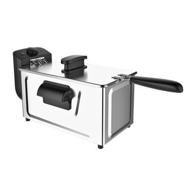 En rostfri Menuett fritös med stängt lock, svart handtag och en kontrollratt på sidan.
