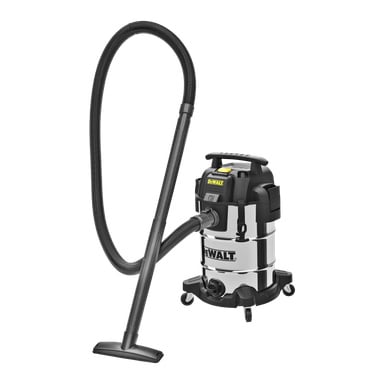 DeWalt Heavy-duty Vacuum Cleaner DXV30SAPTA visas med sin rostfria stålkropp, långa flexibla slang, hjulbundna bas och plattgolvsdammsugare.