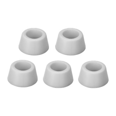Fem identiske hvite koniske Hard Head Doorstop-propper med sentrale hull er arrangert i to rader.