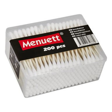 Transparente Plastikbox mit 200 Wattestäbchen und einem Menuett-Etikett.
