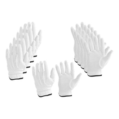 Sex par vita Bluewear Assembly-handskar med svart kant är arrangerade i en halvcirkel, med tre par placerade framför tre staplade par.