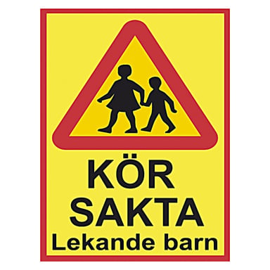Dekalstajling-skylten är en gul vägskylt med en röd triangel som visar två barn som går. Under triangeln står det "KÖR SAKTA Lekande barn", som uppmanar förare att sänka hastigheten eftersom barn kan leka i området.