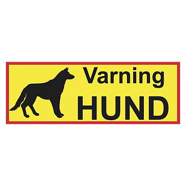 Varningsskylt med gul bakgrund vid avkalling, svart silhuett av en hund till vänster, fet svart text med texten "Varning HUND" och en tydlig röd ram som signalerade försiktighet kring hund.