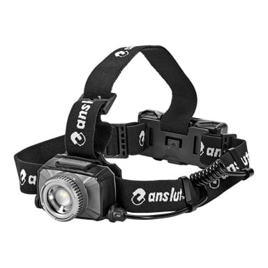 Svart pannlampa med justerbart band märkt anslut, central stor lampa, spiralad tråd och bakre batteripaket på remmen.