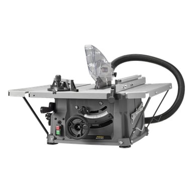 Meec Tools TS-W HOME 300 Tischkreissäge mit grauem Gehäuse, klarem Klingenschutz, verstellbarem Anschlag, schwarzem hinteren Schlauch und vorderen Bedienelementen.