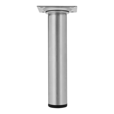 Ett Hard Head Furniture-ben med en cylindrisk metallkropp, en platt monteringsplatta på toppen och en svart bas längst ner.