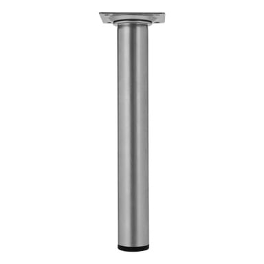 Ett ben av Hard Head Furniture med en slank cylindrisk metallform, toppad med en monteringsplatta och avslutad med en svart lock vid basen.